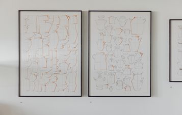 Two framed drawings on paper of teapots and lidded vessels