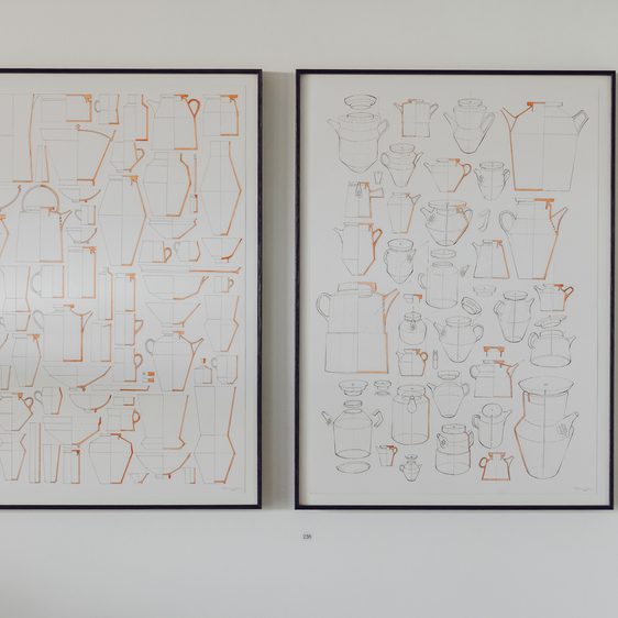 Two framed drawings on paper of teapots and lidded vessels