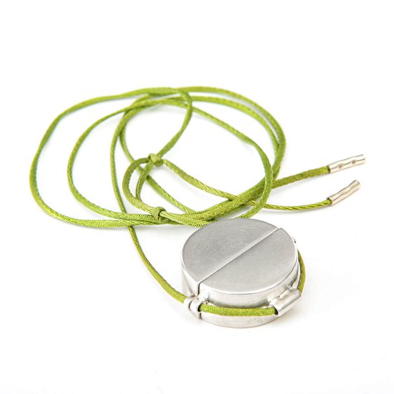 A silver pendant with green straps.