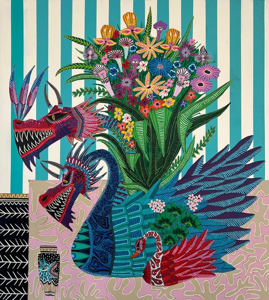 A colourful painting of a two headed dragon with a bouquet of flowers behind it.