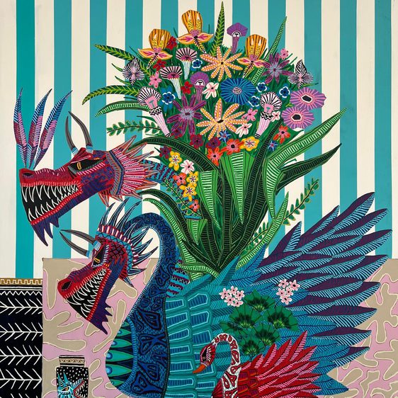 A colourful painting of a two headed dragon with a bouquet of flowers behind it.