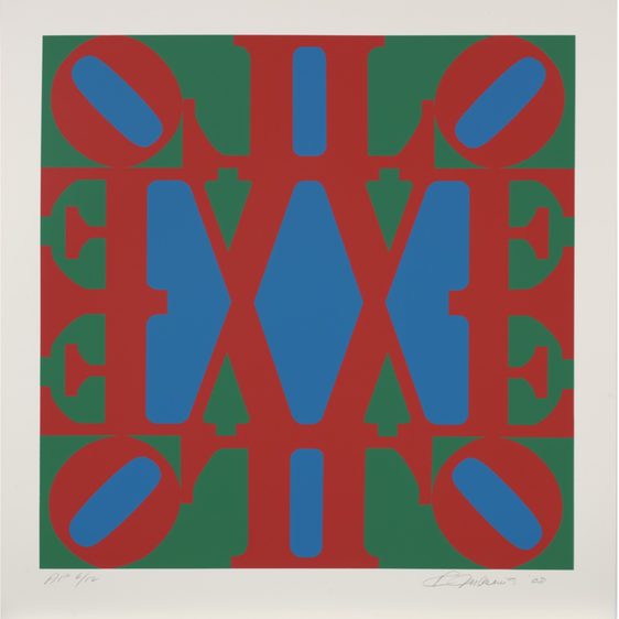 A red, blue and green print with repeated letters spelling the word LOVE