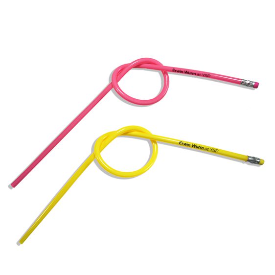 Two bendy, knotted pencils in pink and yellow.
