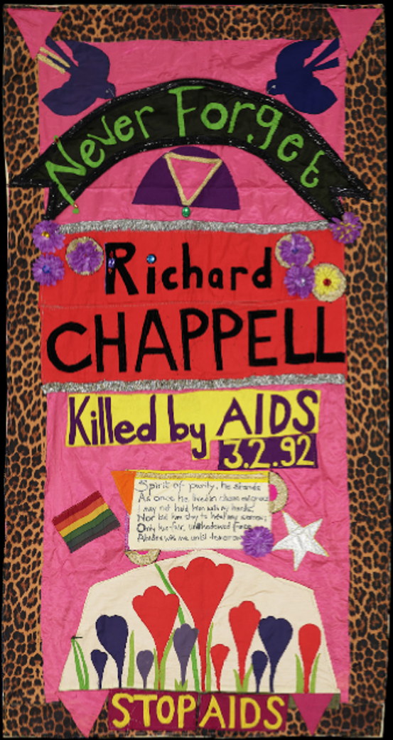An embroidered textile panel featuring flowers and text memorialising Richard Chappell, who died from AIDS.