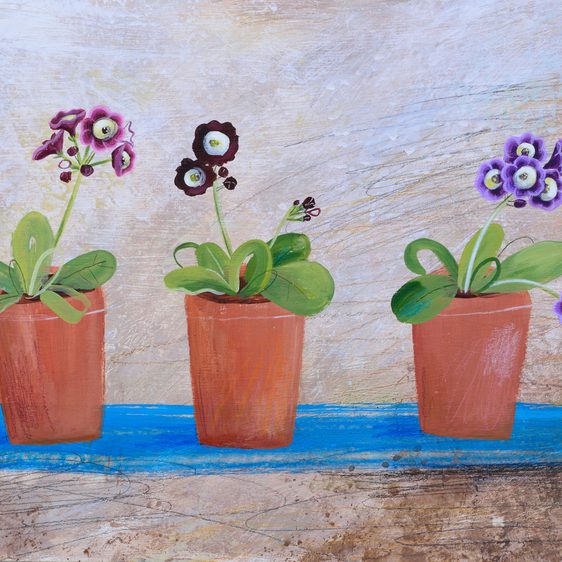 A painting of a row of three terracotta plant pots with potted plants in bloom.