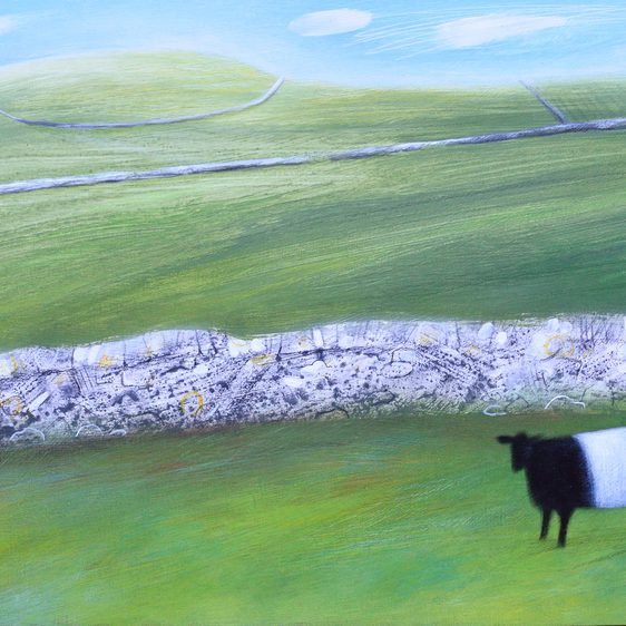 A painting of a Yorkshire landscape with rolling hills, dry stone walls and a black and white cow.