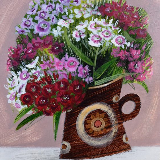 A painting of bunches of pink, red and white flowers in a patterned jug.