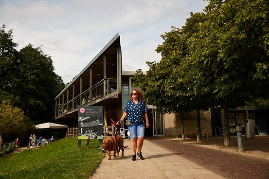 A woman with curly hair walking a large brown dog along a paved path infront of a building with a balcony.