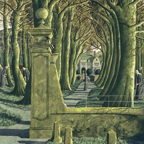 A painting of a stone gateway with trees.