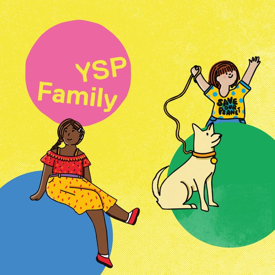 An illustration of two children and a dog sitting on coloured circles. One circle includes text: YSP Family.