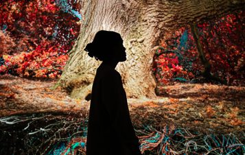 A woman in silhouette stands in front of a digital projection of an oak tree in a darkened gallery space.