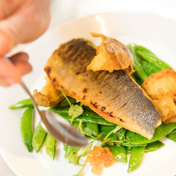 A chef adding the finishing touches to a plate of grilled fish and fresh greens
