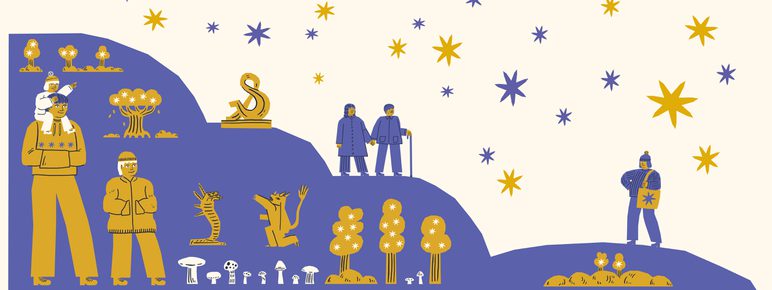 A stylised illustration featuring a landscape filled with people, trees and artworks in purple and gold. Above them are stars.
