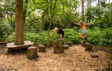 Two children jumping between wooden platforms in a nature play area.