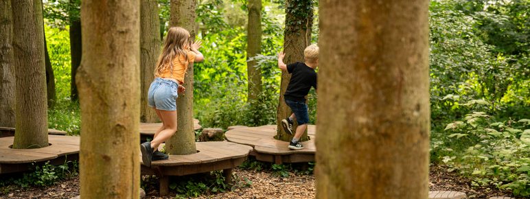 Two children jumping between wooden platforms in a nature play area.