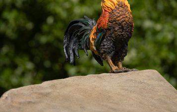 Detail of a sculpture depicting a stack of boulders with a life-sized chicken perched on the top, displayed outdoors.