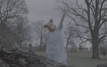 A woman wearing a pig mask and blue nightgown, standing outdoors between trees with one arm in the air.