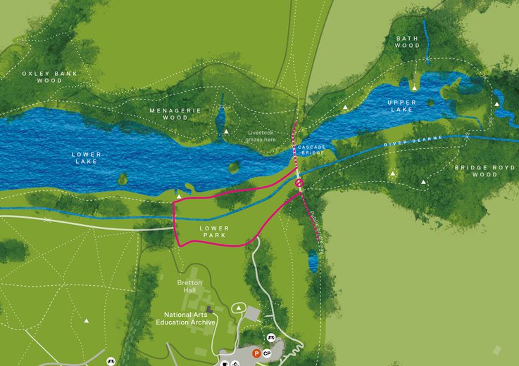 An illustrated map of YSP, showing the diversion route in red.