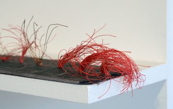 An art installation featuring a large black-and-white mural of a tree, a wooden bench, and various sculptures. The space includes a white pedestal displaying a red fabric piece and photographs arranged on a nearby shelf.