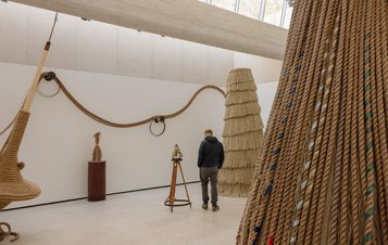 A person stands in an art gallery, observing a sculpture on a pedestal. Surrounding them are large, intricate rope installations hanging from the ceiling and walls, creating a textured and immersive environment. Natural light filters in through skylights.