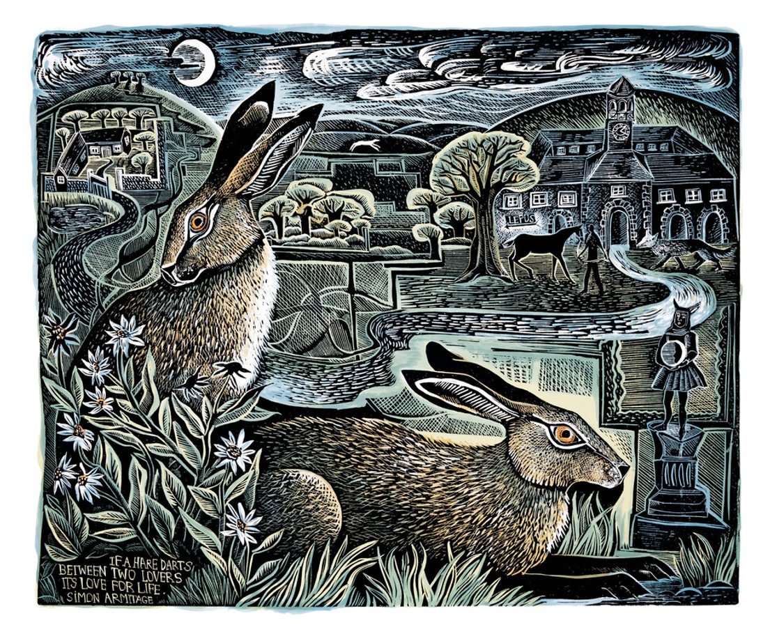 A woodcut illustration depicting two rabbits amidst a moonlit landscape with a church and a statue. The text reads “If a hare departs, between two lovers, it’s love for life.”