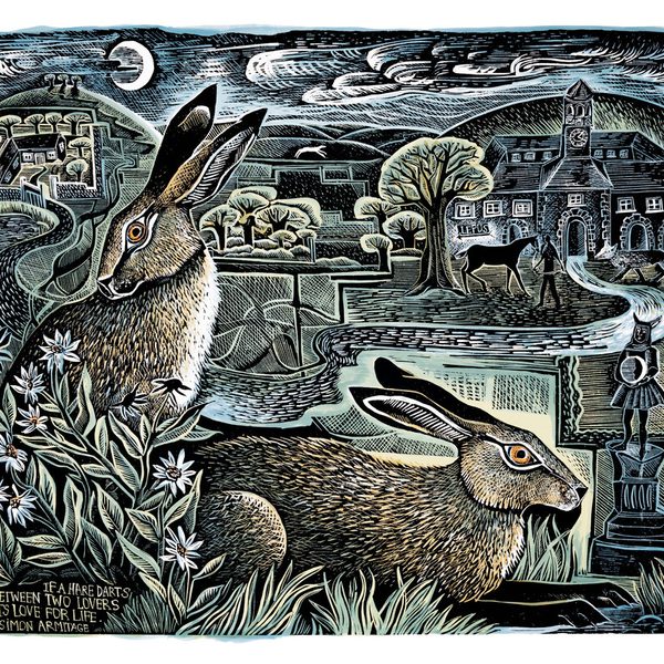A woodcut illustration depicting two rabbits amidst a moonlit landscape with a church and a statue. The text reads “If a hare departs, between two lovers, it’s love for life.”