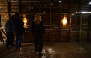 Three people stand in a dimly lit wooden space, gazing at illuminated, organic-shaped light fixtures mounted on the wall. The rustic wooden slats create a warm atmosphere, enhancing the soft glow of the lights.
