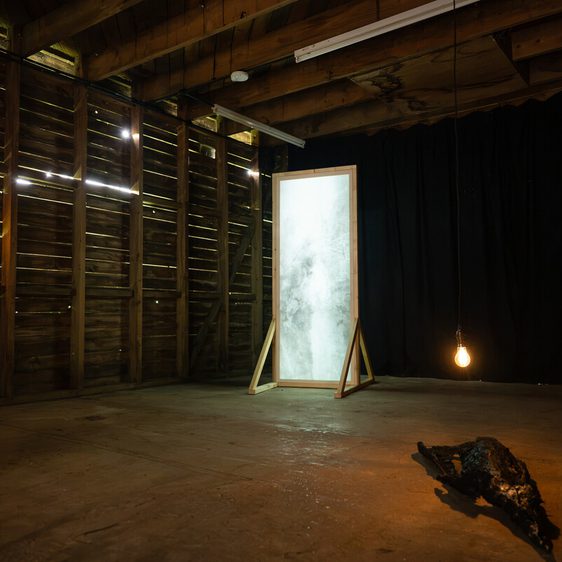 An empty, rustic room with wooden walls and a bare floor. A large, framed mirror stands upright, reflecting light. A single light bulb hangs from the ceiling, and a dark, abstract sculpture lies on the floor, adding an artistic touch to the space.