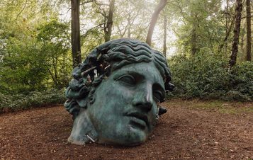 A large, weathered bronze sculpture of a head lies on the forest floor, surrounded by trees and greenery. The head features classical features, with a serene expression, partially covered in moss and leaves, blending into the natural environment.
