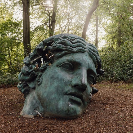 A large, weathered bronze sculpture of a head lies on the forest floor, surrounded by trees and greenery. The head features classical features, with a serene expression, partially covered in moss and leaves, blending into the natural environment.